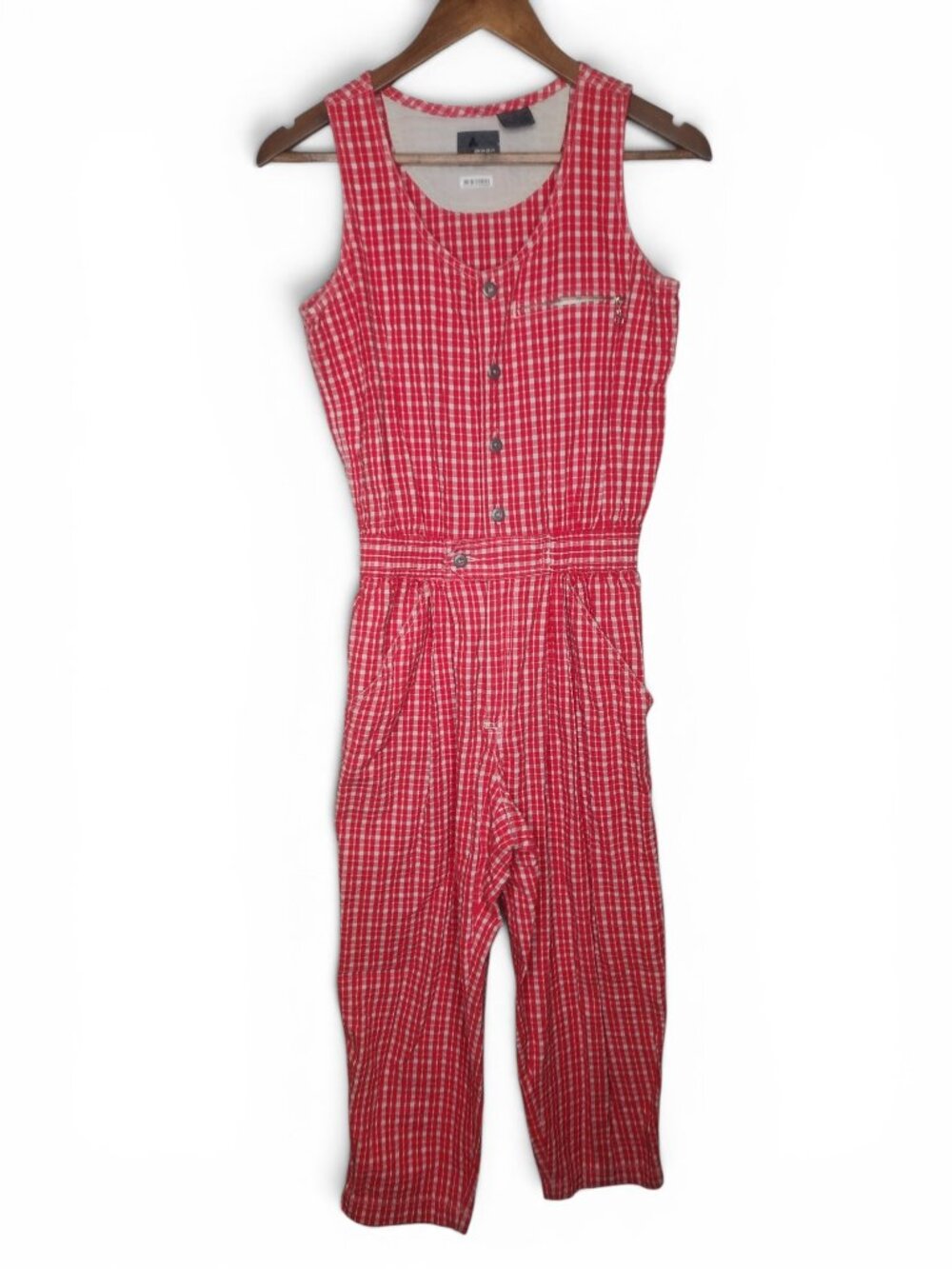 1980s Lizwear Seersucker Vintage Cropped Jumpsuit in Red and White Size 6P